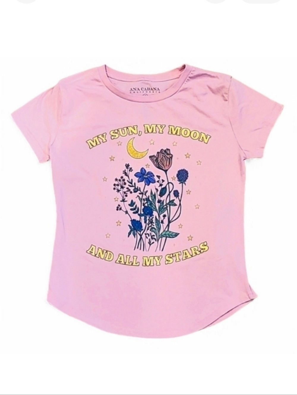 Ana Cabana Boho Pink Graphic Moon Stars & Flowers Tee Small